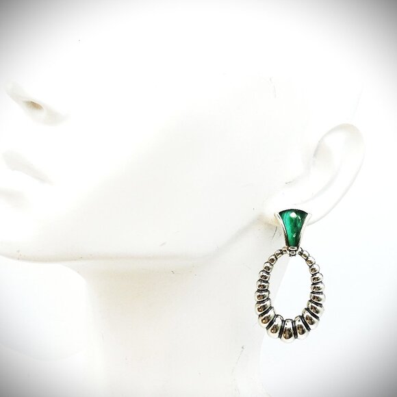 LAGOS Venus Link Oval Fluted Sterling Silver 18K Gold Post Malachite Earrings - Picture 5 of 10